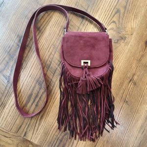 Express mini fringe crossbody bag burgundy faux suede